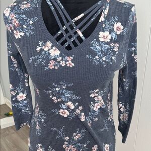 Cloud Chaser Navy Floral Ribbed Long Sleeve Tee with Crisscross Neck